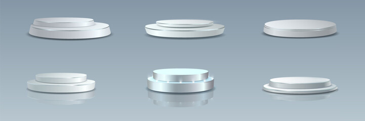 White realistic 3d podium collection for product display and presentation design.