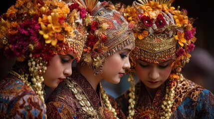 Fototapeta premium Three women adorned in elaborate traditional cultural attire and golden headdresses.
