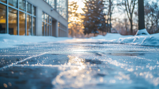 Icy Sidewalk in Front of Building Entrance During Winter, dangerous icy sidewalk near building, ice covered cobblestones in winter, generative ai