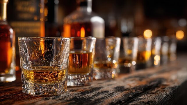 Still-life photography of a shot glass set with amber whiskey and soft bokeh