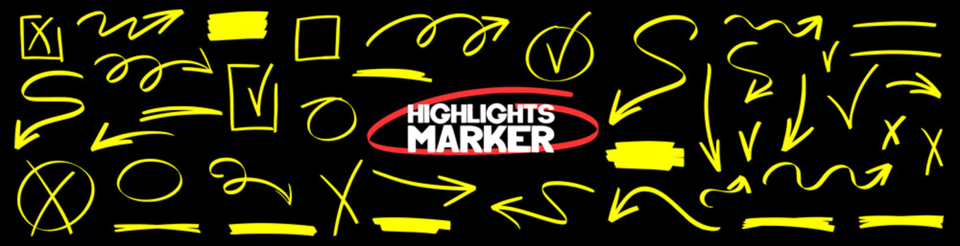 Handmade arrow notes and underline brush strokes enriched with marker texture and glowing highlight touches. Reused arrow and underline strokes blend with marker detail and light highlight brush art.