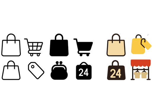 Minimal Shopper Icons. Linear minimalistic shopper icon: tote bag, shopping cart, price sticker, coin purse, booth number sign,