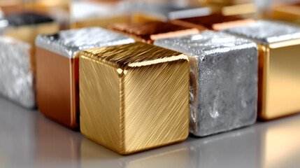 Macro shot of brushed gold, polished copper and textured silver metallic cubes arranged in a geometric pattern with reflective surfaces, luxury abstract metal design with rich surface details
