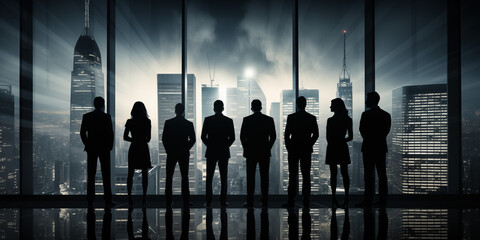 Black and white silhouettes of business team standing by office window overlooking urban skyline, high contrast monochrome style, reflections on floor, timeless leadership theme