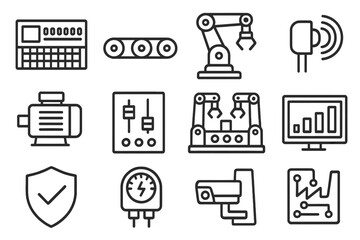 Industrial Automation Icons. Line style icons of Industrial Automation: PLC controller, conveyor belt, robotic arm, sensor;