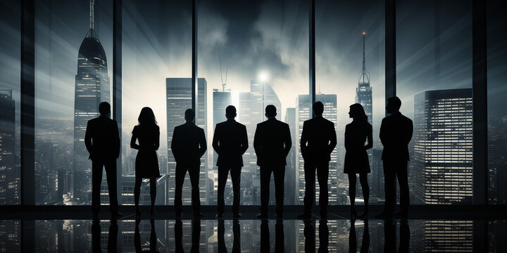 Black and white silhouettes of business team standing by office window overlooking urban skyline, high contrast monochrome style, reflections on floor, timeless leadership theme