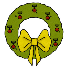 Christmas wreath with yellow bow and red cherry digital sticker, cute sticker, scrapbook sticker, bullet journal sticker, planner sticker.