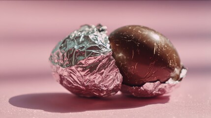 Studio still life: unwrapped chocolate egg on a soft pink backdrop with crinkled foil remnants