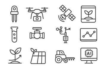Fototapeta premium Precision Agriculture Icons. Line style icons of Precision Agriculture Tools: soil sensor, drone, satellite, tablet; nutrient