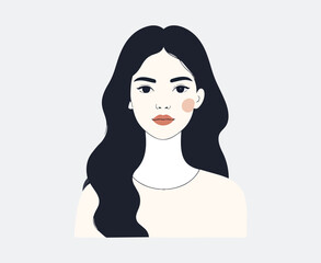 Minimalist Flat Vector Portrait of Young Woman with Long Wavy Hair