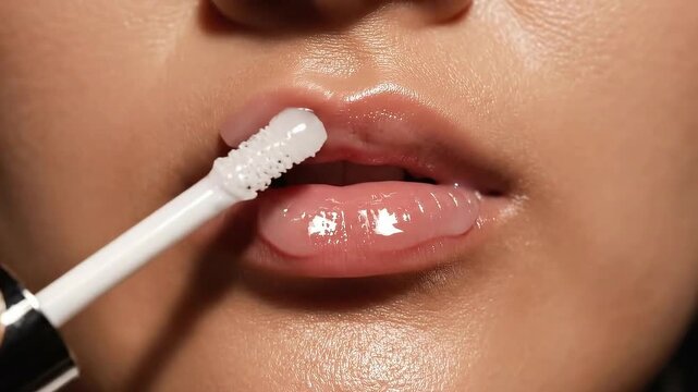 Close up extreme view of a woman's lips applying clear shimmering lip gloss with a doe foot applicator, smooth skin texture and soft studio lighting