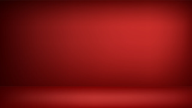 Dark red studio background with light spot. Empty 3D room with monochrome wall and floor, color gradient. Vector horizontal banner backdrop for product presentation, blank HD template, photo space.