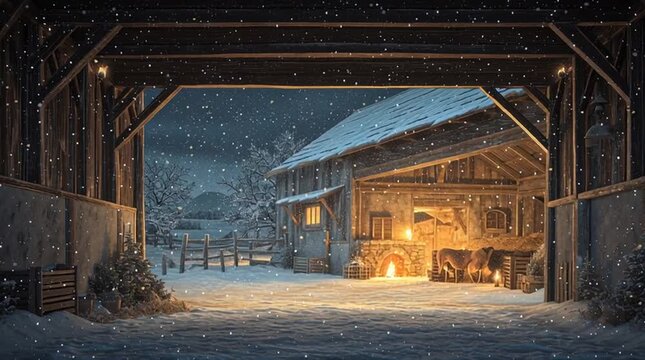 Holy night nativity scene with gentle snow falling outside the stable and warm, cozy firelight glowing inside. Serene, peaceful, and sacred Christmas atmosphere.