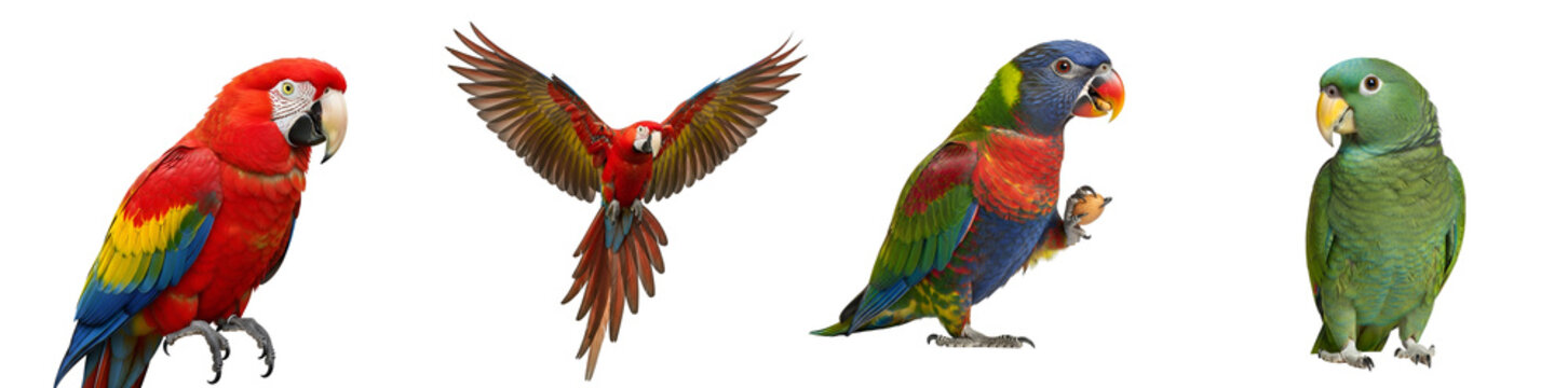 Four vibrant parrots showcasing diverse plumage and poses against a neutral setting well lit on transparent background