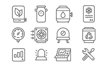 Life Support Line Icons. Line style icons of Life Support Systems: oxygen generator, CO2 scrubber, water tank, temperature control