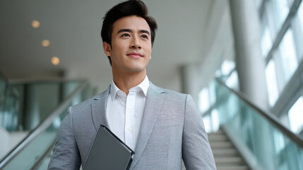Confident businessman in gray suit holding tablet standing near modern office stairs with natural light