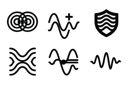 Acoustic Wave Interference Icons. Solid style icons of acoustic wave interference: overlapping wave rings, constructive boost icon