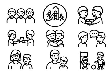 Fototapeta premium Social Learning Icons. Line style icons of Social Learning: Group of Children, Playground, Circle, Handshake; Sharing Toy, Hug,