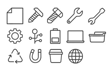 Recyclable Metal Icons. Line style icons of Recyclable Metals: Metal Sheet, Screw, Bolt, Wrench; Gear, Circuit, Battery, Laptop;
