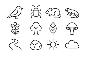 Biodiversity Icons. Line style icons of Biodiversity Benefits: Bird, Insect, Mammal, Reptile; Flower, Tree, Leaf, Mushroom; River,
