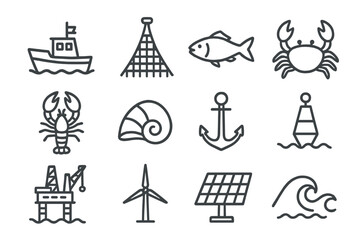 Marine Resources Icons. Line style icons of Marine Resources: Fishing Boat, Net, Fish, Crab; Lobster, Shell, Anchor, Buoy; Oil Rig