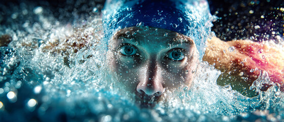 Swimmer focused on winning as bubbles surround their intense expression in the pool