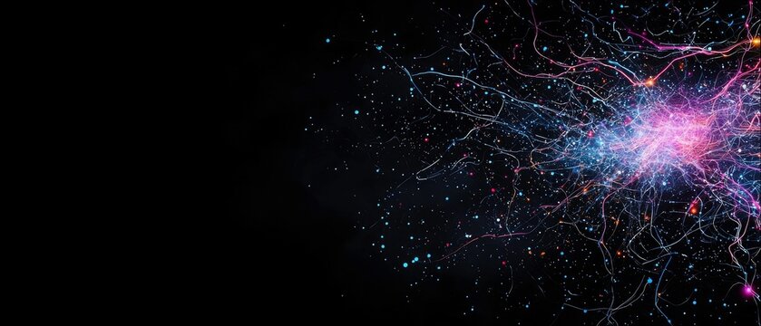 A dynamic explosion of colorful, glowing particles and light trails against a dark, abstract background. This image evokes themes of energy, creation, and cosmi