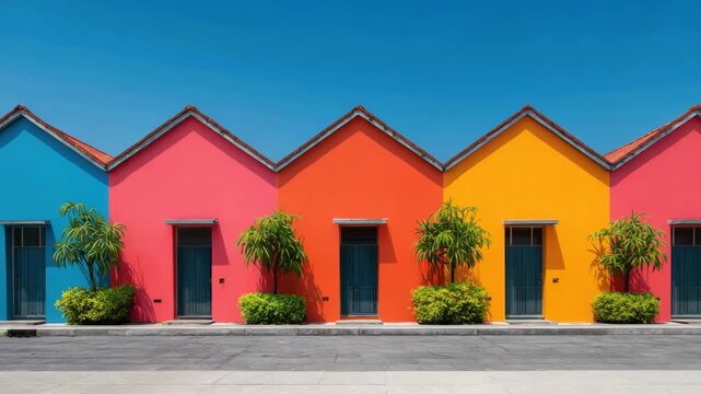 Vibrant Row of Colorful Houses Under a Clear Blue Sky with Lush Green Bushes and Small Trees.
