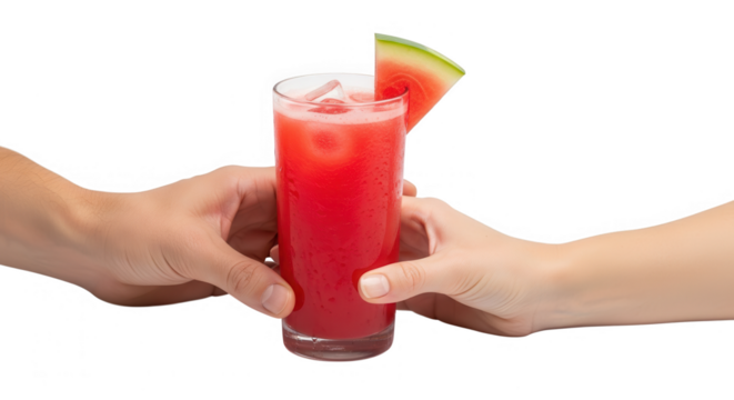 Two hands sharing a refreshing watermelon juice drink isolated on transparent background