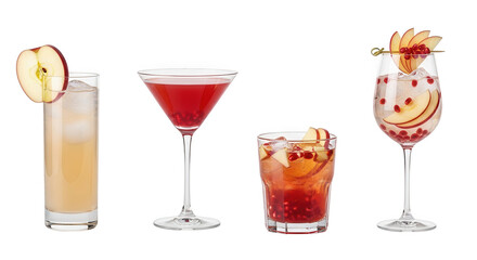 Four assorted colorful cocktails isolated on transparent background