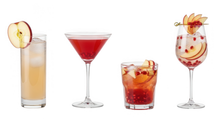 Four assorted colorful cocktails isolated on transparent background