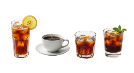 Assortment of iced coffee and hot espresso drinks isolated on transparent background