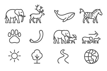 Obraz premium Mammal Migration Icons. Line style icons of Mammal Migration: Elephant, Caribou, Whale, Zebra; Footprint, Tail, Herd, Leader; Sun,