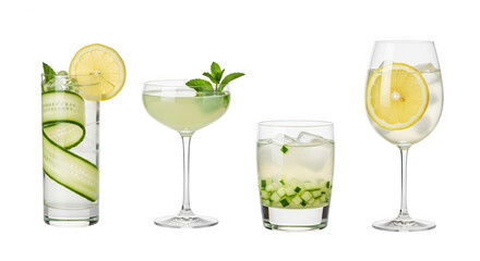 Four refreshing cucumber and lemon cocktails isolated on transparent background