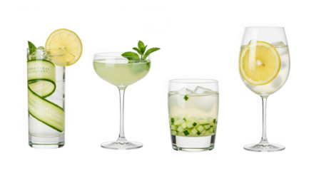 Four refreshing cucumber and lemon cocktails isolated on transparent background