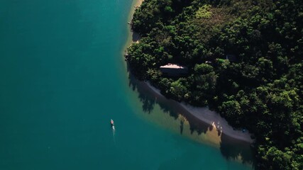 Pristine tropical beach backed by dense jungle, with a clear delineation between the white sand and the deep turquoise ocean. Ideal for luxury travel and remote escape.