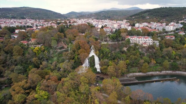 Edessa Waterfalls Aerial Panoramic View, Pullback Shot, Pella Region Greece