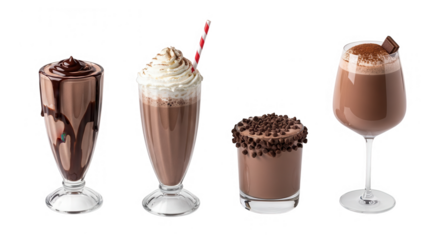 Four different chocolate milkshake drinks isolated on transparent background