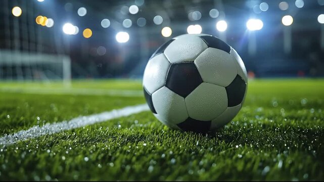 A close-up of a soccer ball on the wet grass of a pitch at night with a white line and out-of-focus stadium lights in the background