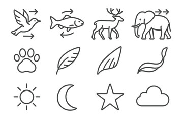 Obraz premium Animal Migration Icons. Line style icons of Animal Migration: Bird, Fish, Deer, Elephant; Footprint, Wing, Fin, Tail; Sun, Moon,