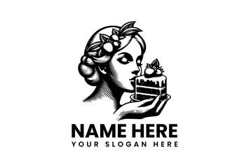 Elegant Woman Holding Cake Classic Vector Logo Illustration Design