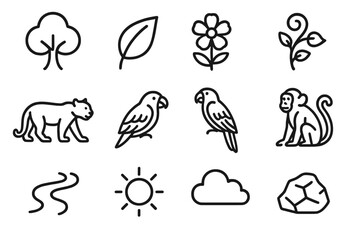 Biodiversity Icons Collection. Line style icons of Biodiversity Hotspots: Tree, Leaf, Flower, Vine; Jaguar, Macaw, Frog, Monkey;