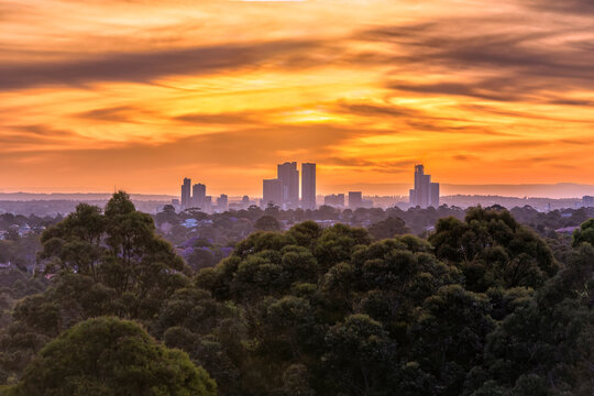 Parramatta towers distant sunset wide far