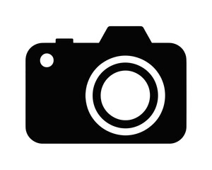 Illustration of a simple black camera with a white lens and flash on a white background image