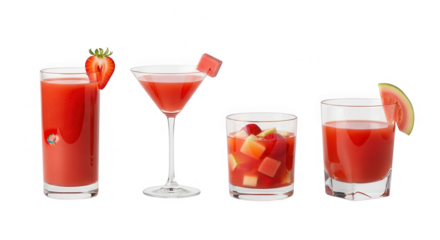 Four different red fruit drinks isolated on transparent background