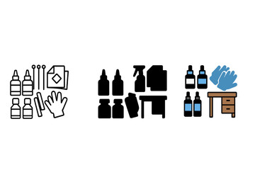 Obraz premium Tattoo Supplies Icons. Linear minimalistic tattoo supplies icon: ink jars, needle set, stencil sheets, cleaning spray, gloves,