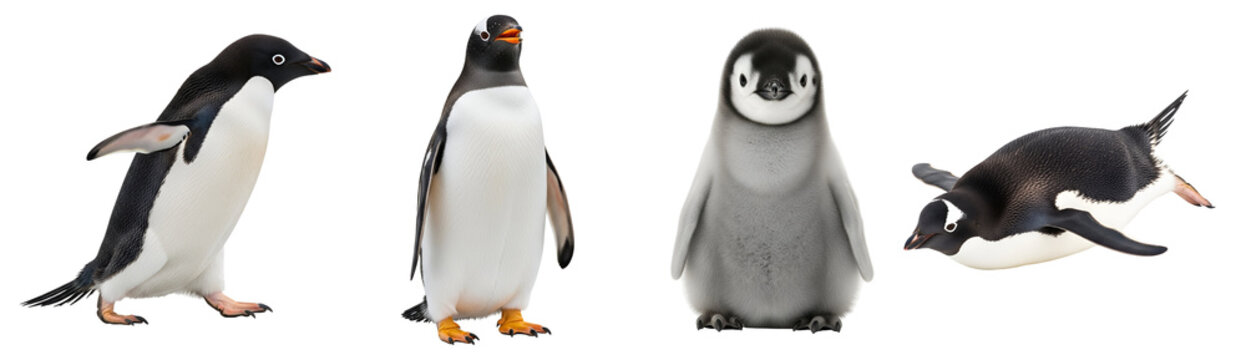 Four penguins in different poses standing and lying down on a plain surface in a studio shot on transparent background