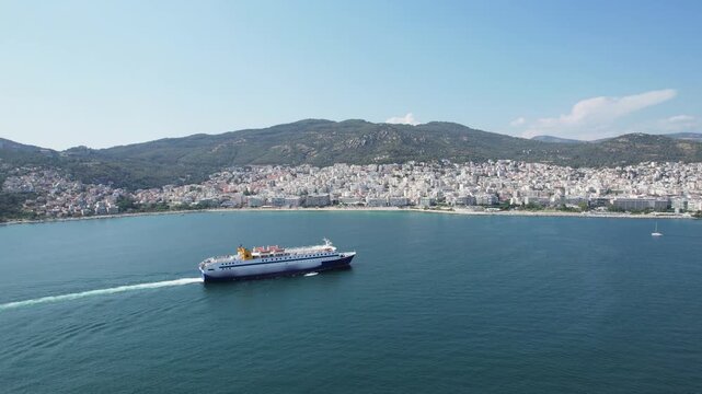 Aegean Sea Ferry Arriving at Kavala, Aerial View of Coastal Town Beach, North Greece