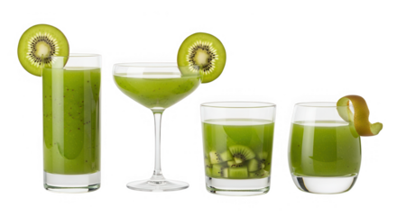 Four glasses of green kiwi juice isolated on transparent background