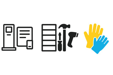 Tool Library Icons. Linear minimalistic tool libraries icon: rental system kiosk, maintenance logbook, storage shelves, hand tools